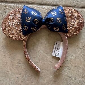 NWT: Disney Cruise Line Gold Sequin Ears with Navy Anchor Bow